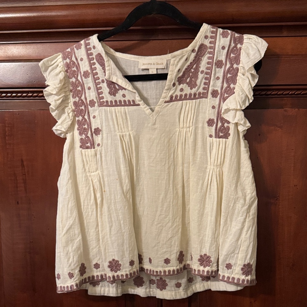Anthropologie Cream Blouse with Mauve Floral Embroidery